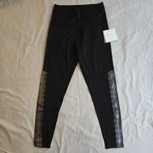 Beyond Yoga Black Down the Line High Waisted Silver Metallic Lace Midi Legging